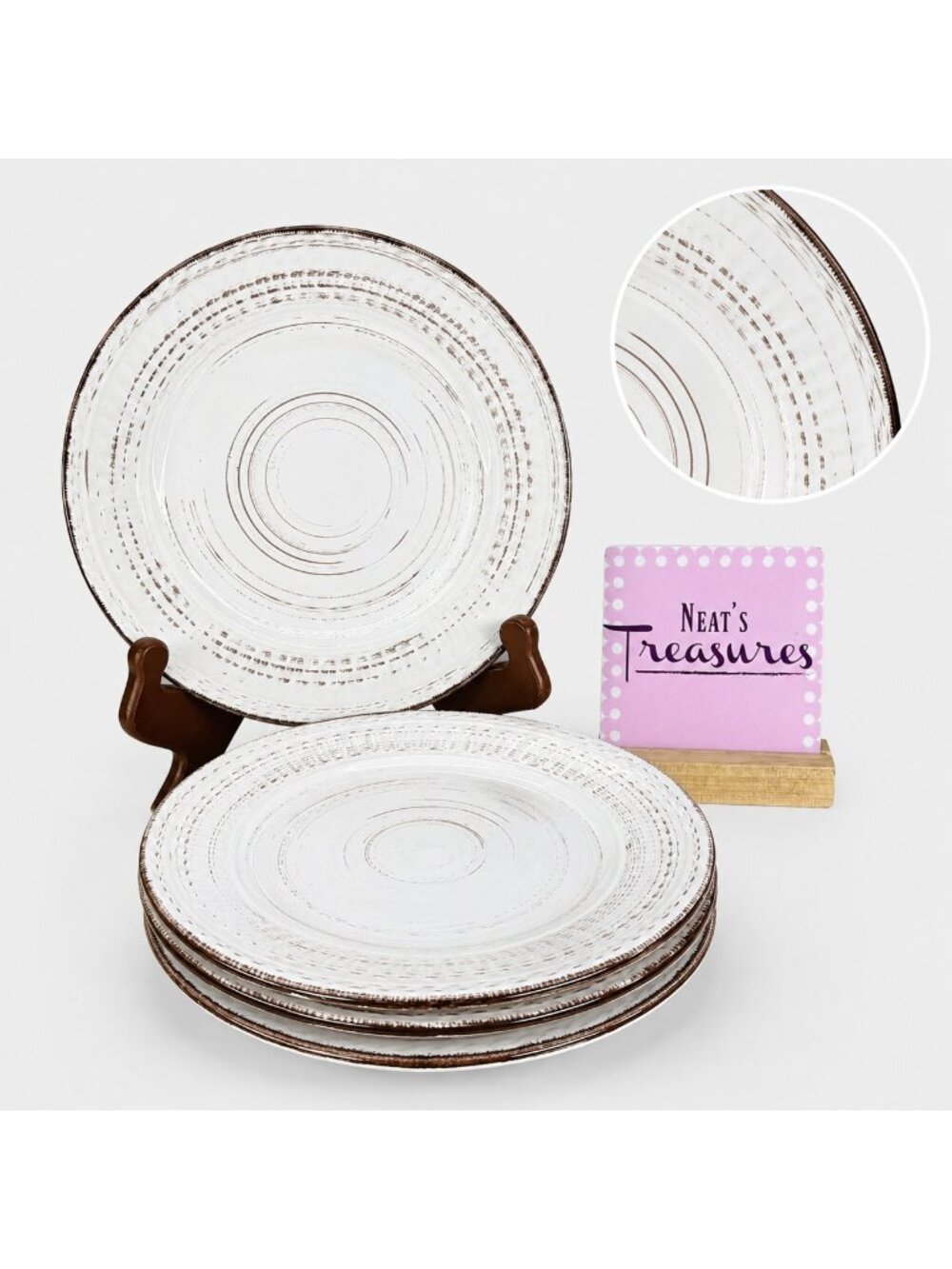 Home Essentials COSENZA WHITE Brushed Rustic Ceramic  Salad Lunch Plates Set 4
